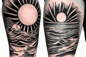 Create an upper arm tattoo with a setting sun over the beach and earth tattoo idea