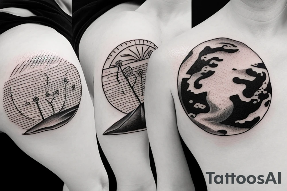 Create an upper arm tattoo with a setting sun over the beach and earth tattoo idea
