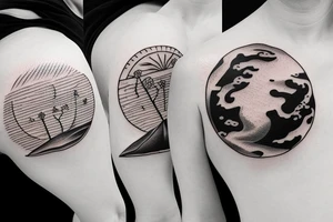 Create an upper arm tattoo with a setting sun over the beach and earth tattoo idea
