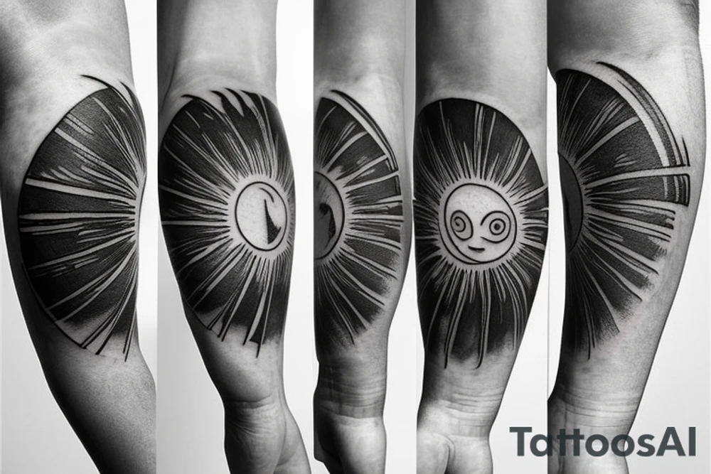 Create an upper arm tattoo with a setting sun over the beach and earth tattoo idea