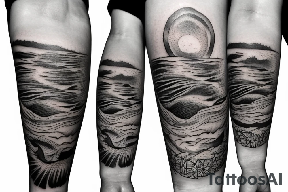 Create an upper arm tattoo with a setting sun over the beach and earth tattoo idea