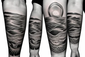 Create an upper arm tattoo with a setting sun over the beach and earth tattoo idea