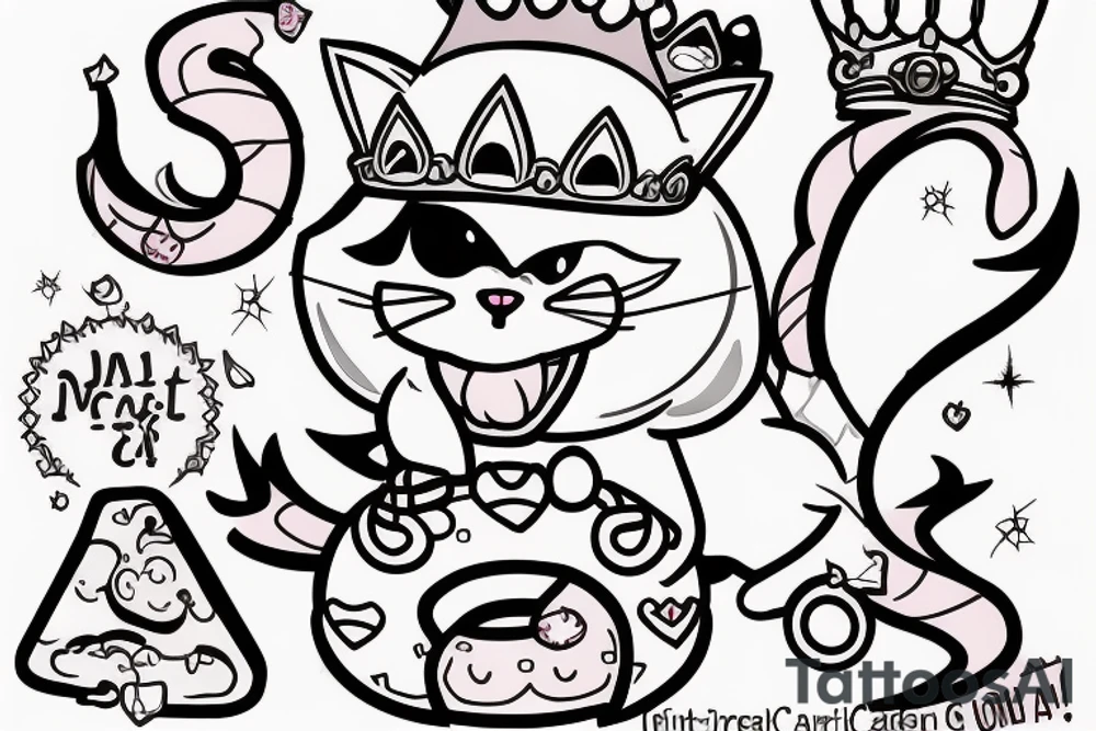 create a tattoo of Princess Donut the cat character from the book series Dungeon Crawler Carl. Princess Donut is a talking cat with a lot of sass and is very, very proud. she wears a tiara. she has a smooshed face tattoo idea