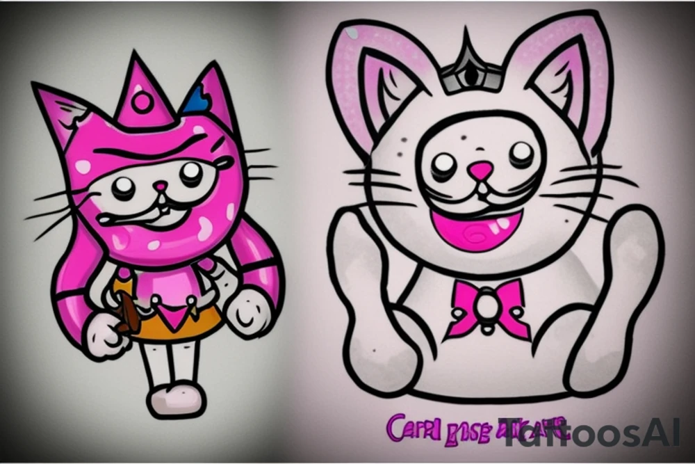 create a tattoo of Princess Donut the cat character from the book series Dungeon Crawler Carl. Princess Donut is a talking cat with a lot of sass and is very, very proud. she wears a tiara. she has a smooshed face tattoo idea
