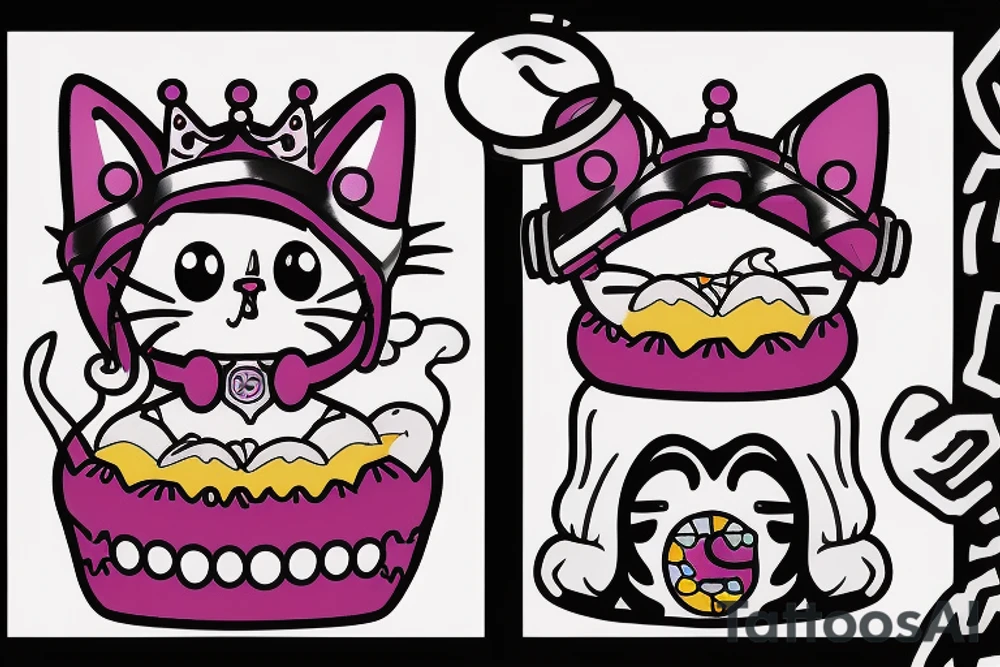 create a tattoo of Princess Donut the cat character from the book series Dungeon Crawler Carl. Princess Donut is a talking cat with a lot of sass and is very, very proud. she wears a tiara. she has a smooshed face tattoo idea