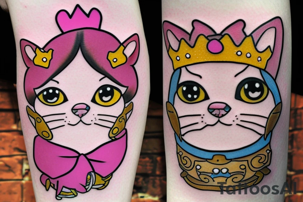 create a tattoo of Princess Donut the cat character from the book series Dungeon Crawler Carl. Princess Donut is a talking cat with a lot of sass and is very, very proud. she wears a tiara. she has a smooshed face tattoo idea