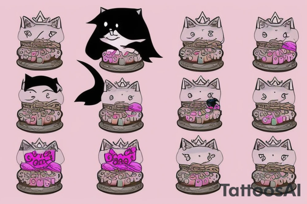 create a tattoo of Princess Donut the cat character from the book series Dungeon Crawler Carl. Princess Donut is a talking cat with a lot of sass and is very, very proud. she wears a tiara. she has a smooshed face tattoo idea