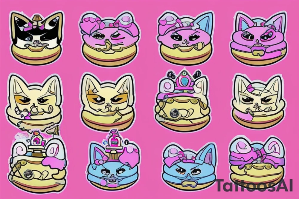 create a tattoo of Princess Donut the cat character from the book series Dungeon Crawler Carl. Princess Donut is a talking cat with a lot of sass and is very, very proud. she wears a tiara. she has a smooshed face tattoo idea