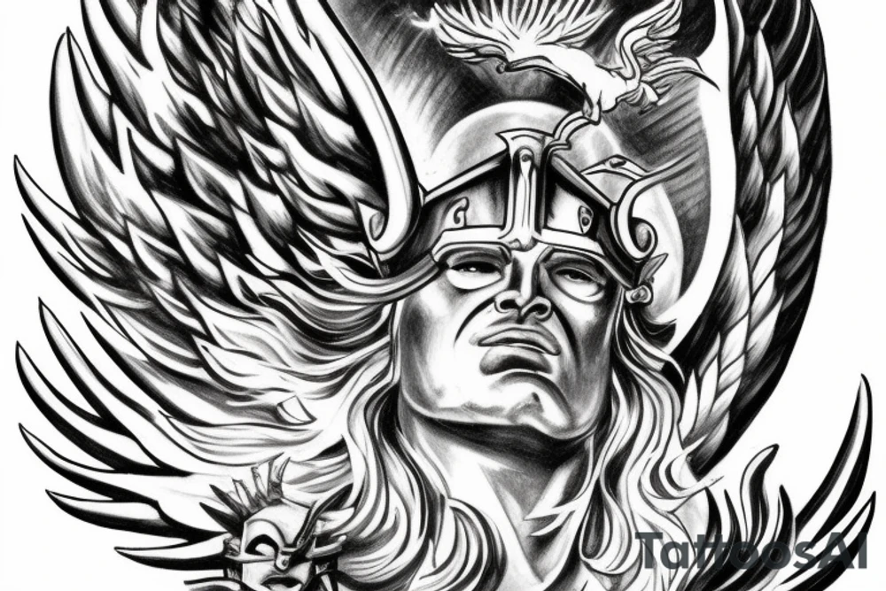Face of Thor with a phoenix rising from the flames underneath and a long Sword between its wings tattoo idea