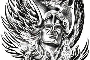 Face of Thor with a phoenix rising from the flames underneath and a long Sword between its wings tattoo idea