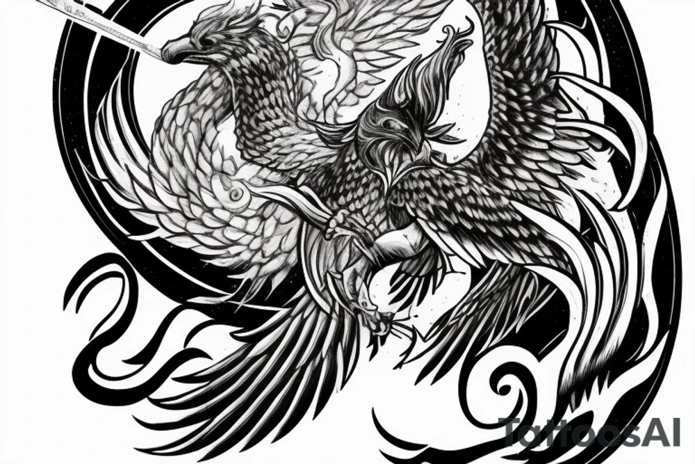 Face of Thor with a phoenix rising from the flames underneath and a long Sword between its wings tattoo idea