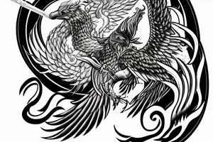 Face of Thor with a phoenix rising from the flames underneath and a long Sword between its wings tattoo idea
