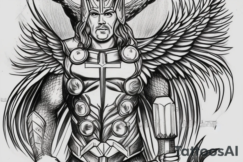 Face of Thor with a phoenix rising from the flames underneath and a long Sword between its wings tattoo idea