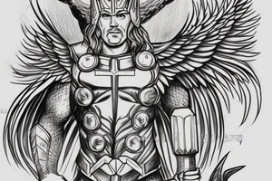 Face of Thor with a phoenix rising from the flames underneath and a long Sword between its wings tattoo idea