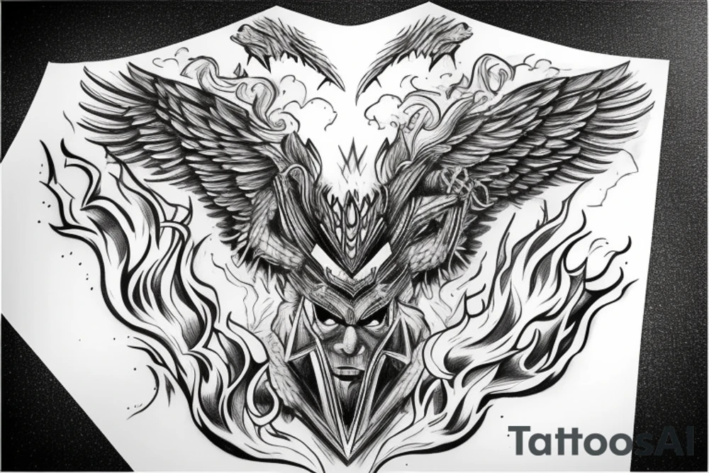Face of Thor with a phoenix rising from the flames underneath and a long Sword between its wings tattoo idea