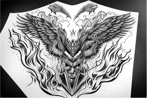 Face of Thor with a phoenix rising from the flames underneath and a long Sword between its wings tattoo idea