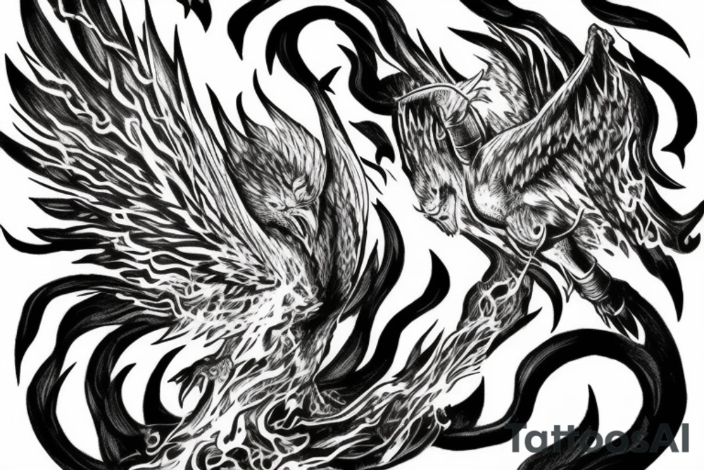 Face of Thor phoenix rising from the flames long Sword tattoo idea