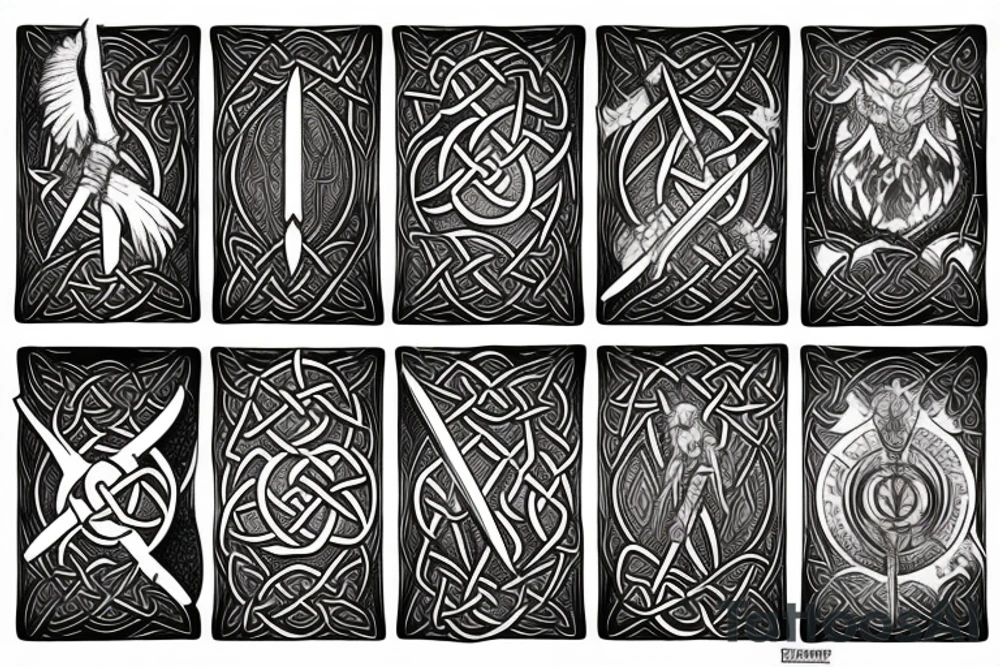 Thors strong face + phoenix+ sword + Celtic design tattoo idea