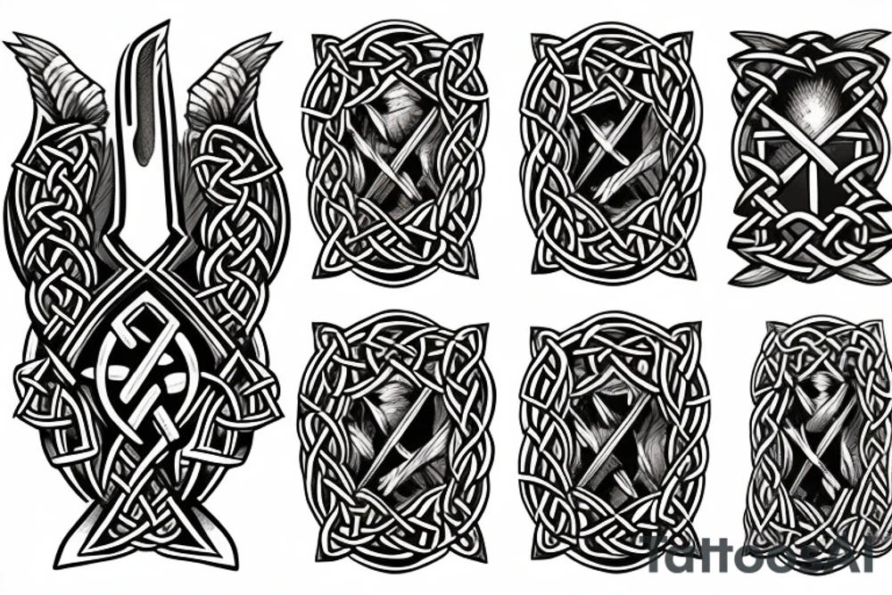 Thors strong face + phoenix+ sword + Celtic design tattoo idea