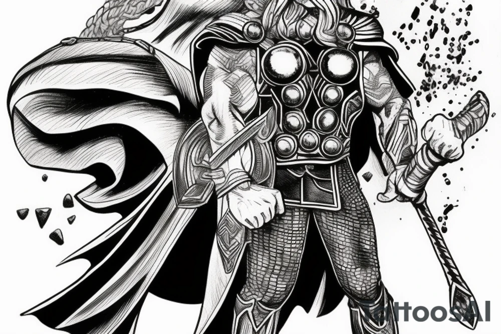 Thor standing holding thors hammer in one hand and a sword in another tattoo idea