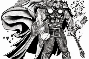 Thor standing holding thors hammer in one hand and a sword in another tattoo idea