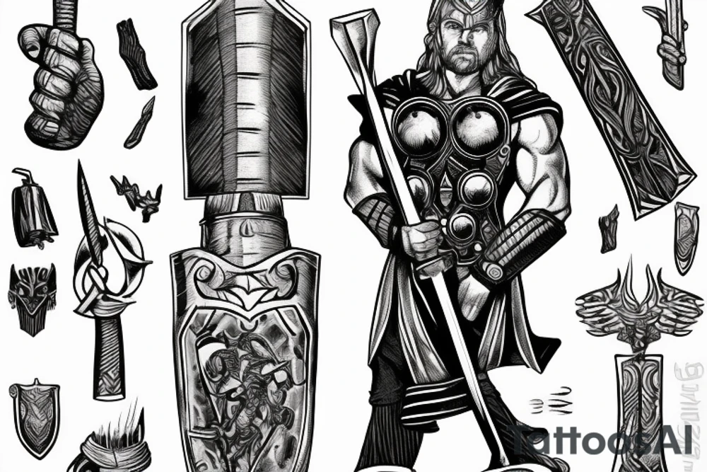 Thor standing holding thors hammer in one hand and a sword in another tattoo idea