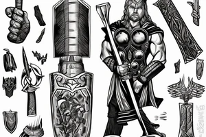 Thor standing holding thors hammer in one hand and a sword in another tattoo idea