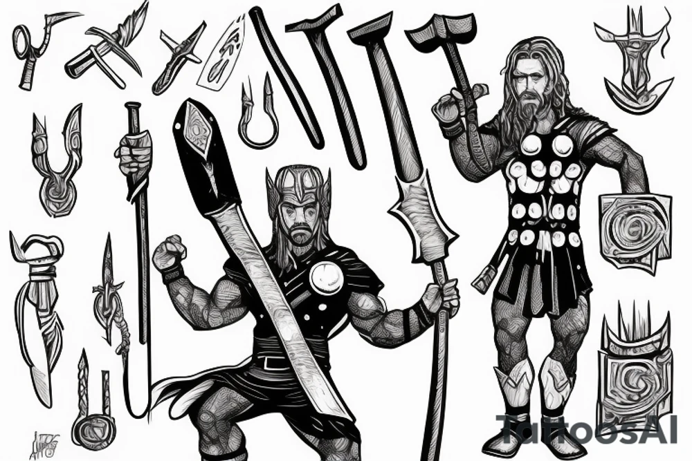 Thor standing holding a hammer in one hand, and holding a sword in another hand tattoo idea