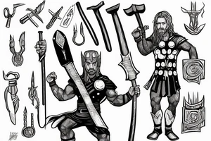 Thor standing holding a hammer in one hand, and holding a sword in another hand tattoo idea