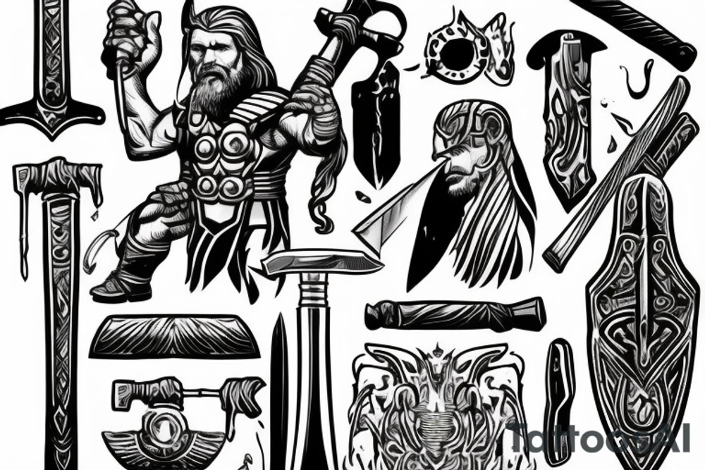 Thor standing holding a hammer in one hand, and holding a sword in another hand tattoo idea