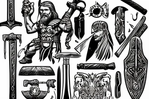 Thor standing holding a hammer in one hand, and holding a sword in another hand tattoo idea