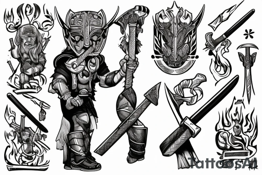 Thor standing holding a hammer in one hand, and holding a sword in another hand tattoo idea