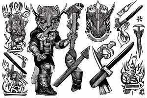 Thor standing holding a hammer in one hand, and holding a sword in another hand tattoo idea