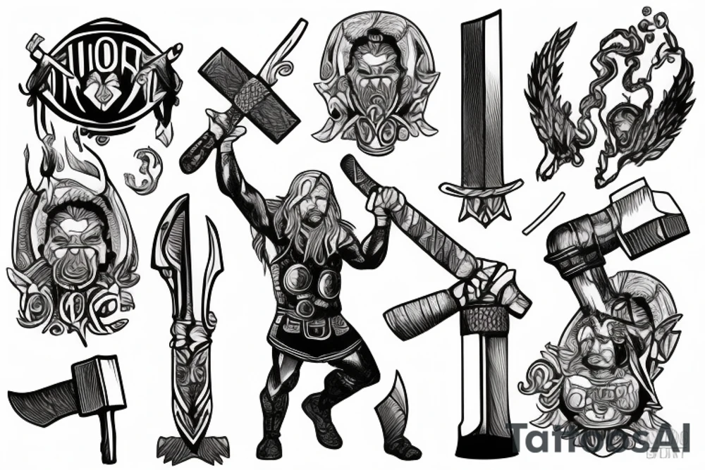 Thor standing holding a hammer in one hand, and holding a sword in another hand tattoo idea