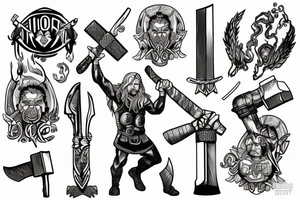 Thor standing holding a hammer in one hand, and holding a sword in another hand tattoo idea