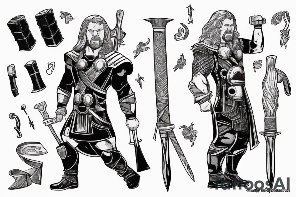 Thor holding a hammer up in one hand and holding a sword in the other tattoo idea
