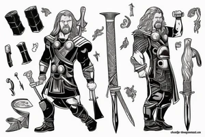 Thor holding a hammer up in one hand and holding a sword in the other tattoo idea