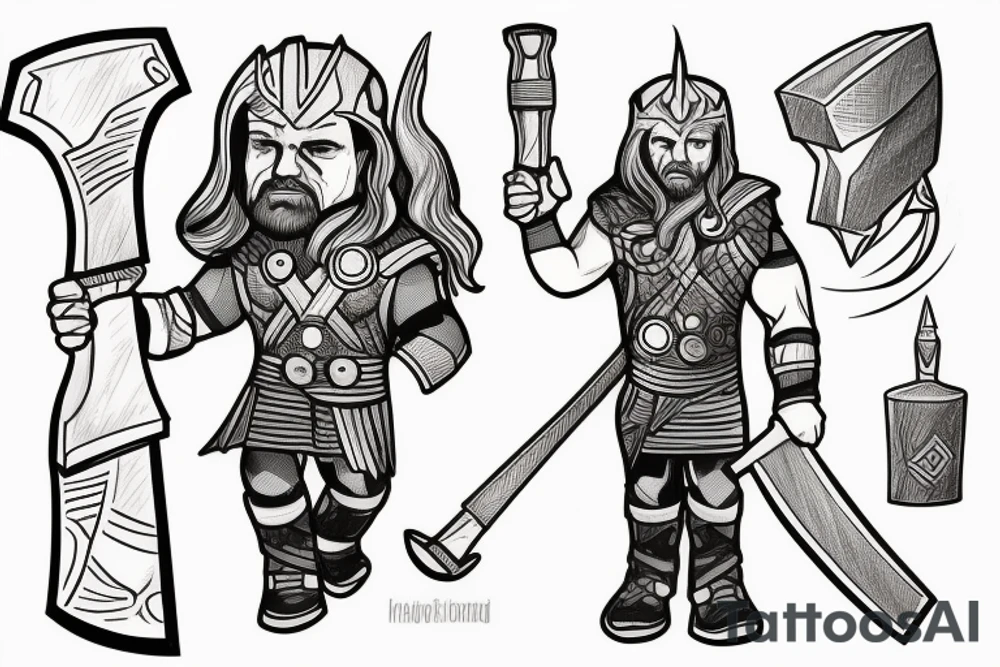 Thor holding a hammer up in one hand and holding a sword in the other tattoo idea