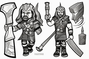 Thor holding a hammer up in one hand and holding a sword in the other tattoo idea
