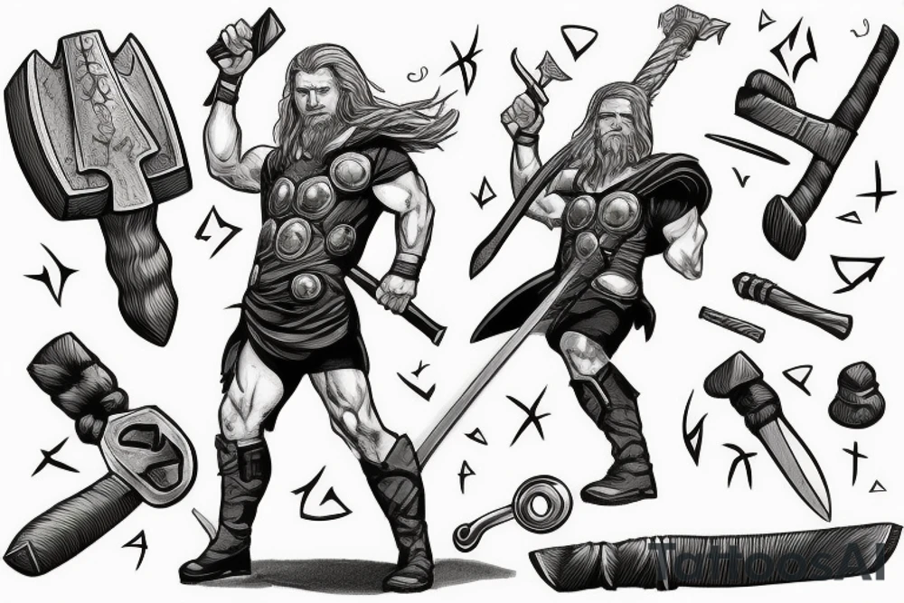 Thor holding a hammer up in one hand and holding a sword in the other tattoo idea