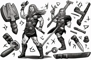 Thor holding a hammer up in one hand and holding a sword in the other tattoo idea