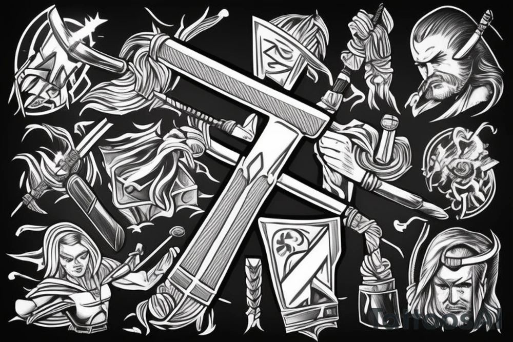 Thor holding a hammer up in one hand and holding a sword in the other tattoo idea