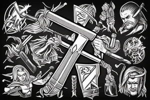 Thor holding a hammer up in one hand and holding a sword in the other tattoo idea