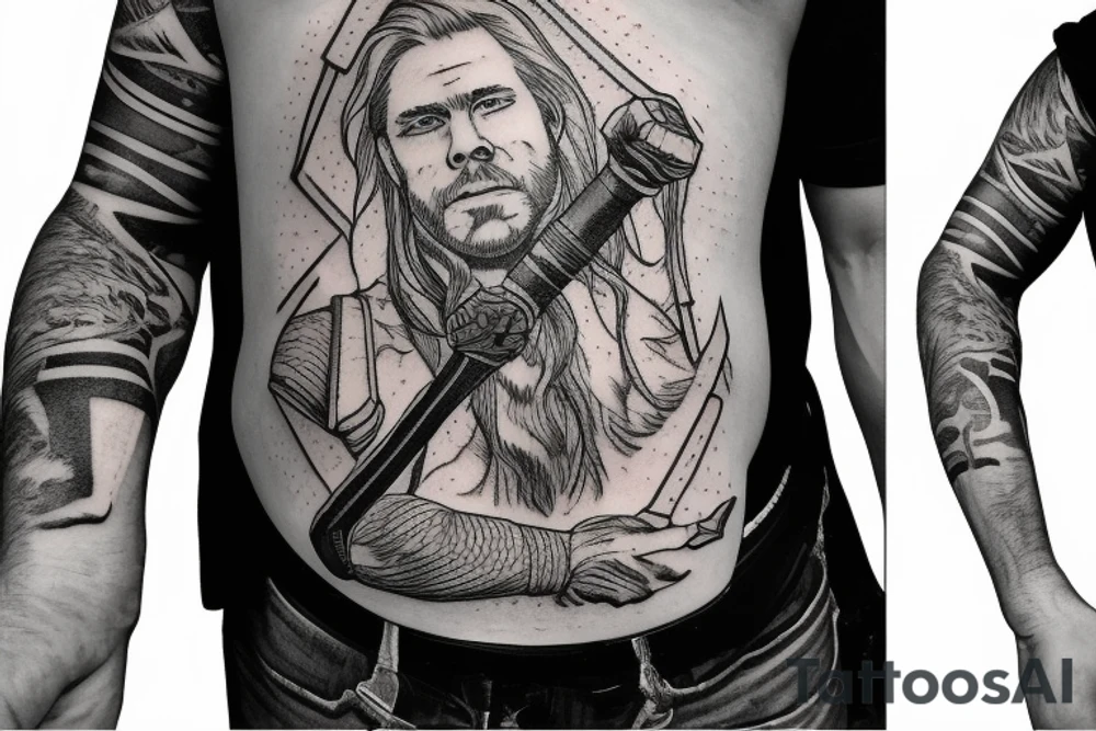 Thor in one hand holding a hammer up and in the other hand holding a sword tattoo idea