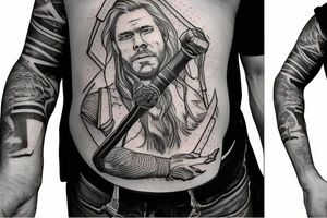 Thor in one hand holding a hammer up and in the other hand holding a sword tattoo idea