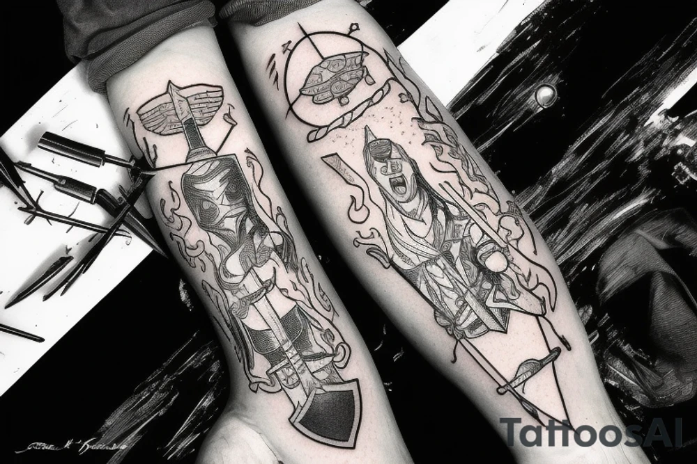 Thor in one hand holding a hammer up and in the other hand holding a sword tattoo idea