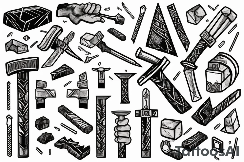 Thor in one hand holding a hammer up and in the other hand holding a sword tattoo idea
