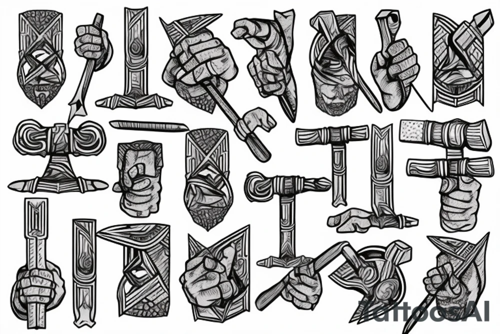 Thor in one hand holding a hammer up and in the other hand holding a sword tattoo idea