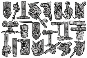 Thor in one hand holding a hammer up and in the other hand holding a sword tattoo idea