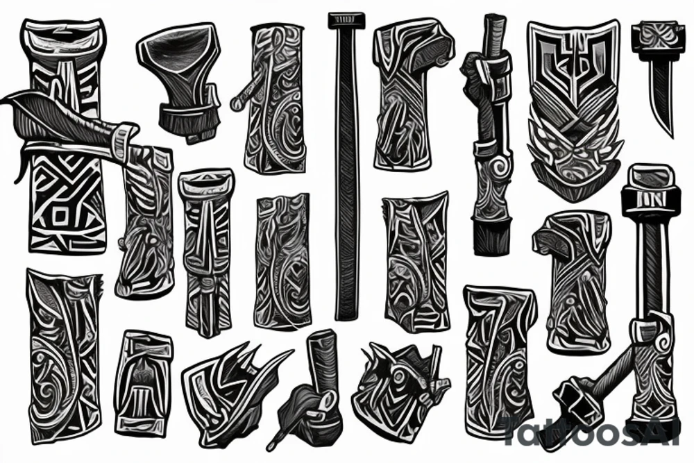 Thor in one hand holding a hammer up and in the other hand holding a sword tattoo idea